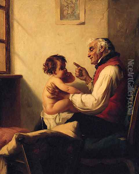 The First Lesson Oil Painting - August Miller
