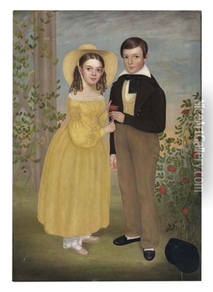 A Double Portrait: A Boy And A Girl In A Garden Oil Painting - Joseph Goodhue Chandler