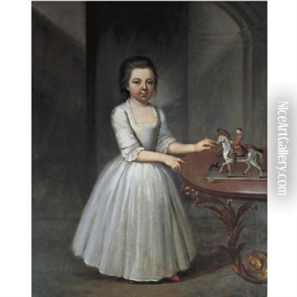 Portrait Of A Young Girl, Wearing A Grey Satin Dress, Standing By An Elaborate Roccoco Table With A Toy Soldier And Model Horses Oil Painting - Thomas Frye