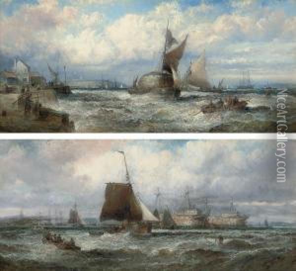 A Fresh Breeze, Old Hulks In The Hamoaze Oil Painting - William A. Thornley Or Thornber