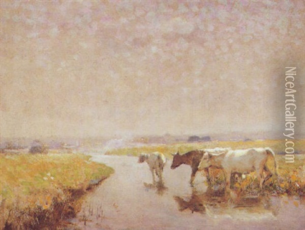 Cattle Watering Oil Painting - Frederick Hall