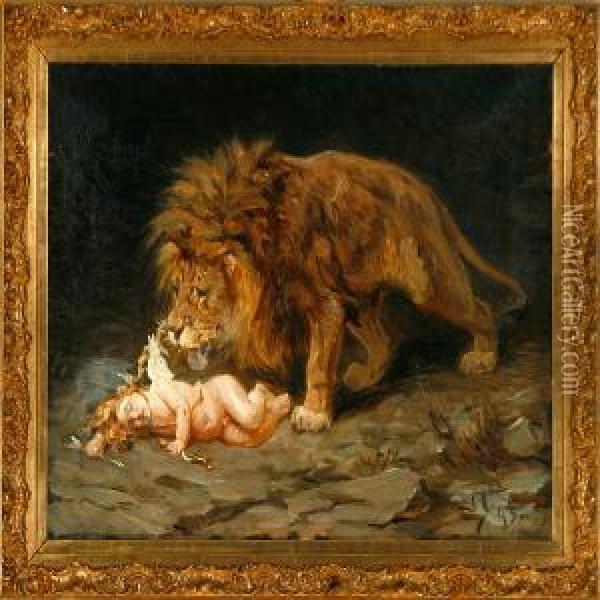 Amor And The Lion Oil Painting - Valdemar Irminger