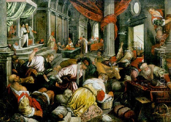 Le Christ Chassant Les Marchands Du Temple Oil Painting - Jacopo dal Ponte Bassano