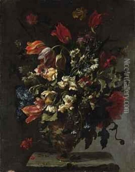 Narcissi, Daffodils, Clematis, 
Tulips, Carnations And Other Flowersin An Ornamental Vase, On A Stone 
Legde Oil Painting - Mario Nuzzi Mario Dei Fiori