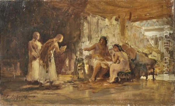 Study Of A Group In An Interior Oil Painting - Frederick Arthur Bridgman