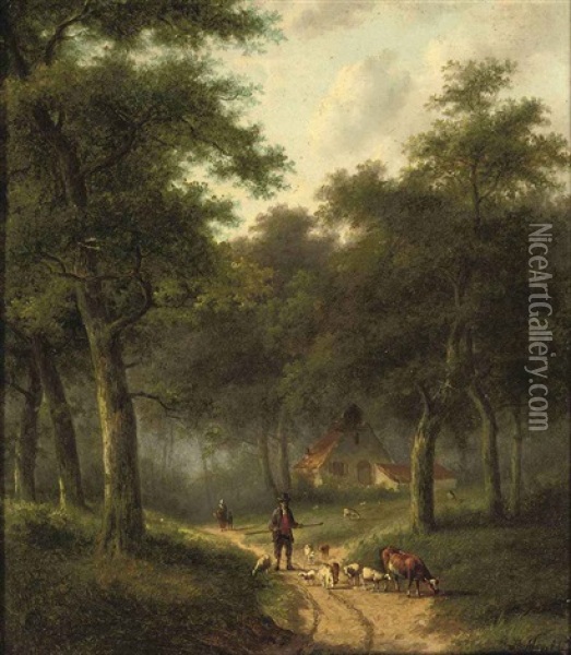 A Forest Landscape With A Herdsman And His Cattle Oil Painting - Jan Evert Morel the Younger