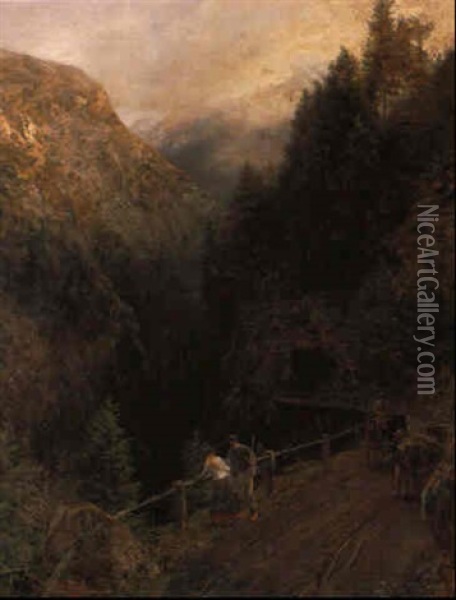 Alpenlandschaft Mit Einer Kutsche Und Einem Beladenen Esel Oil Painting - Oswald Achenbach