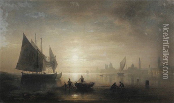 Fischerboote Vor Venedig Im Mondlicht Oil Painting - Karl Heilmayer