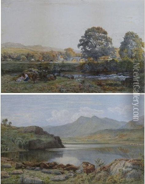 Landscape With Cattle Grazing And Figures By A Stream, Together With Another Of A Lakeside Landscape, A Pair Oil Painting - Richard Peter Richards