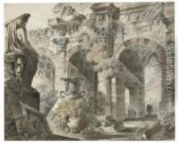 A Capriccio Of Roman Ruins Oil Painting - Victor-Jean Nicolle