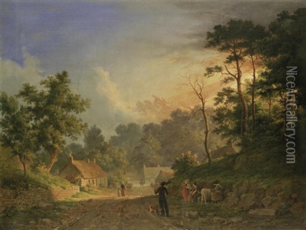 Sunset Over A Rural Landscape Oil Painting - Abraham Pether