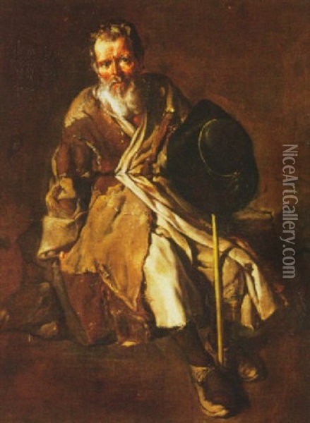 Seated Peasant Holding His Staff And Hat Oil Painting - Giacomo Ceruti
