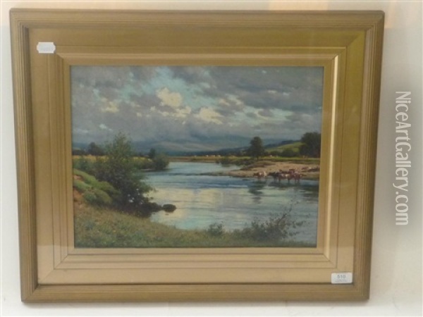 Cattle Watering In The Lune Valley Oil Painting - Reginald Aspinwall
