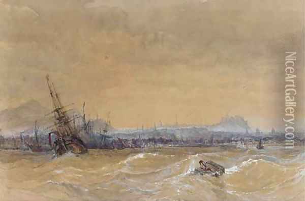 Shipping in a heavy swell off Leith Oil Painting - Charles Bentley