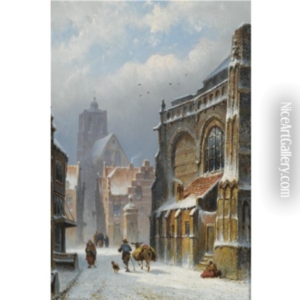 A Snow Covered Street In Zaltbommel, The Grote Kerk In The Background Oil Painting - Eduard Alexander Hilverdink