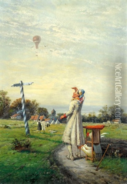Dorflandschaft Mit Bauer Und Gansen - Am Himmel Ein Heissluftballon Oil Painting - Fritz Beinke