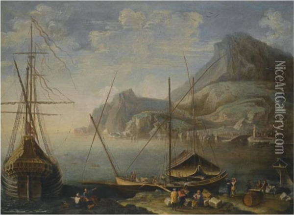 A Mediterranean Costal Scene With Figures Unloading Cargo From Boats In The Foreground Oil Painting - Agostino Tassi