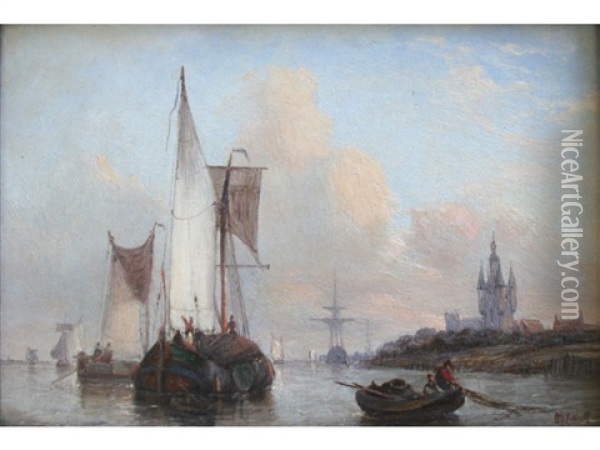 Barges And Other Vessels On A Dutch River Oil Painting - George Willem Opdenhoff