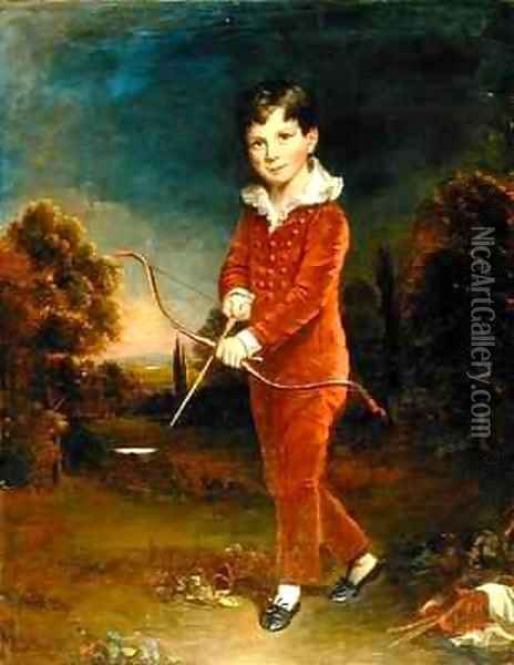 Portrait of a Young Boy in a Red Suit Holding a Bow and Arrow Oil Painting - Arthur William Devis