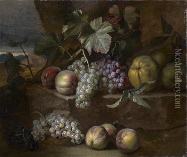 Nature Morte Aux Raisins, Peches Et Poires Dans Un Paysage Oil Painting - Claude Francois Desportes
