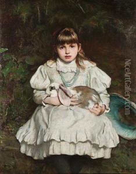 Portrait Of A Young Girl Holding A Pet Rabbit Oil Painting - Frank Holl