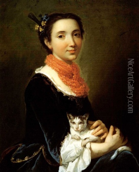 Portrait Of A Young Lady Seated Holding A Kitten. Oil Painting - Pier Leone Ghezzi