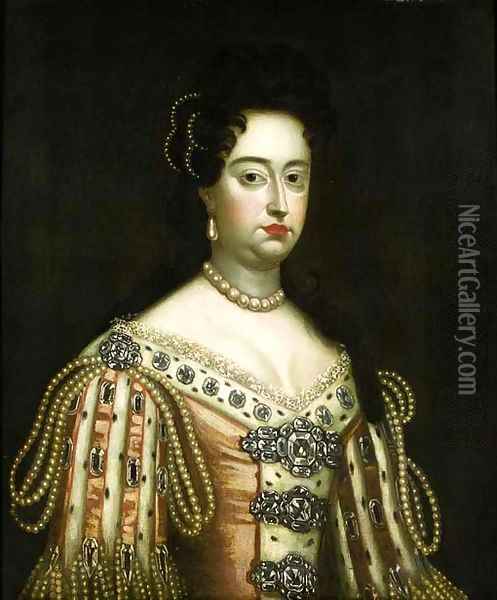 Portrait of Queen Mary II, half length, wearing an ermine-lin Oil Painting - Sir Godfrey Kneller