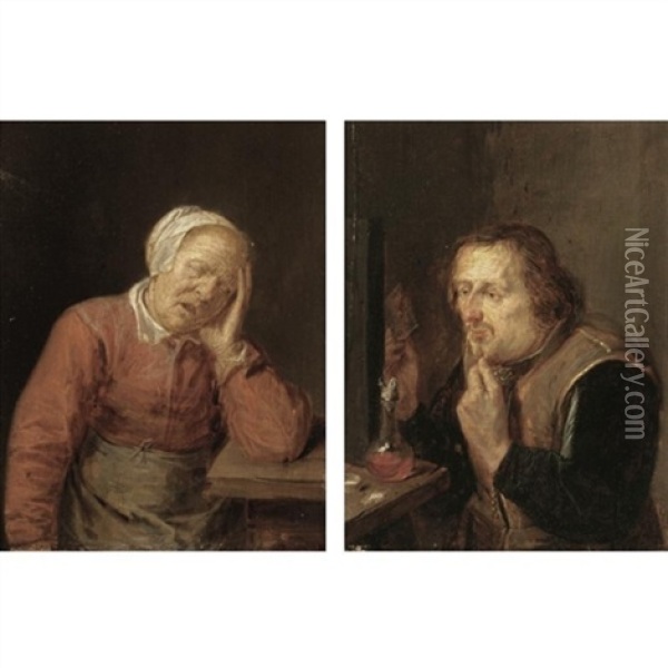 A Peasant Woman Sleeping At A Table (+ A Peasant Man Drinking And Playing Cards; Pair) Oil Painting - Joos van Craesbeeck