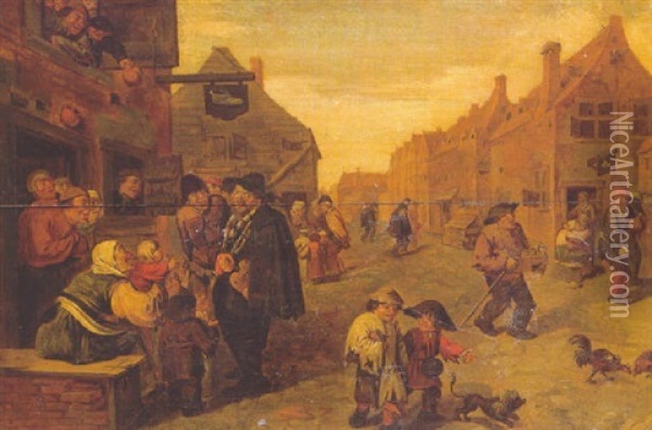 Boors Listening To A Liereman, Outside A Shoemaler's Workshop, In A Village Street Oil Painting - Adriaen Brouwer