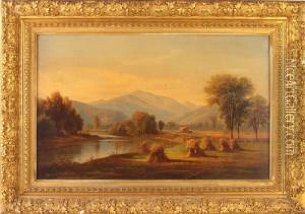 Landscape With Haystacks, Stream And Mountains Oil Painting - Benjamin Champney
