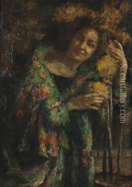 Figura Femminile Con Vaso Di Fiori Oil Painting - Antonio Mancini