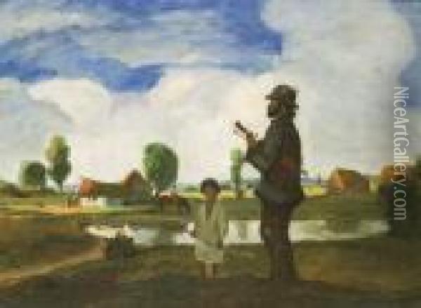Muzsikus A Falu Szelen Oil Painting - Bela Ivanyi Grunwald