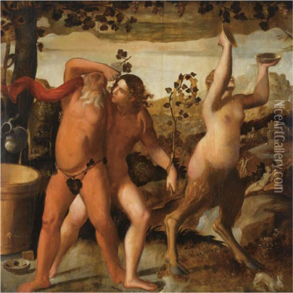 A Bacchanal Scene With The Drunken Silenus And Bacchants Cavorting In A Vineyard Oil Painting - Dosso Dossi