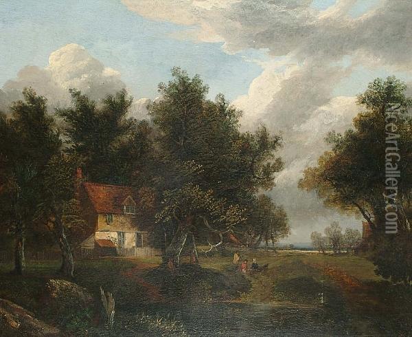 Wooded Country Landscape With House And Figures In The Foreground Oil Painting - Joseph Paul