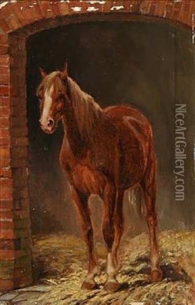 A Horse In A Shed Opening Oil Painting - Jorgen Valentin Sonne