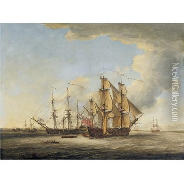 Two British Men-o-war Among Other Ships In An Estuary Oil Painting - John Cleveley the Younger