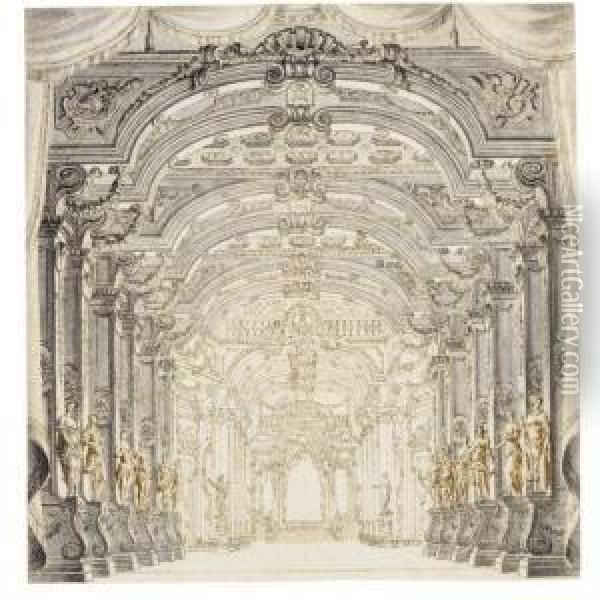 Two Elaborate Stage Designs Oil Painting - Giuseppe Galli Bibiena