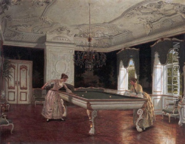 Women Playing Billiards Oil Painting - Adolf Heinrich Claus Hansen