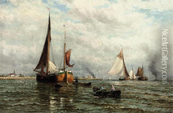 Barges And Other Shipping At The Mouth Of The River Oil Painting - George Stanfield Walters