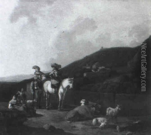 Shepherds Meeting A Hunting Party In An Italianate Landscape Oil Painting - Jan van Huchtenburg