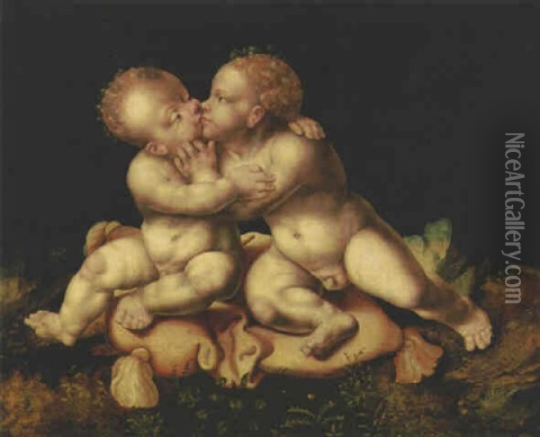 The Christ Child And The Infant Saint John The Baptist Embracing Oil Painting - Joos Van Cleve