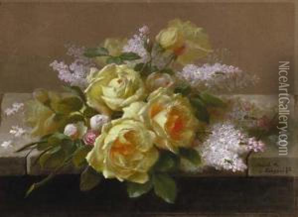 Roses, Cream; And Roses And White Lilacs On A Ledge: Two Works Oil Painting - Raoul Maucherat de Longpre