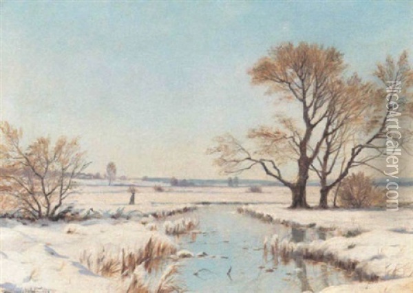 Vinterdag Med Alob Gennem Sneklaedt Landskab Oil Painting - Sigvard Marius Hansen