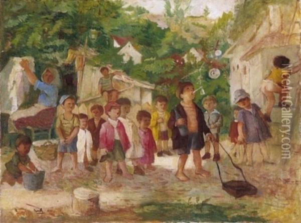Children Playing Oil Painting - Lipot Gedo