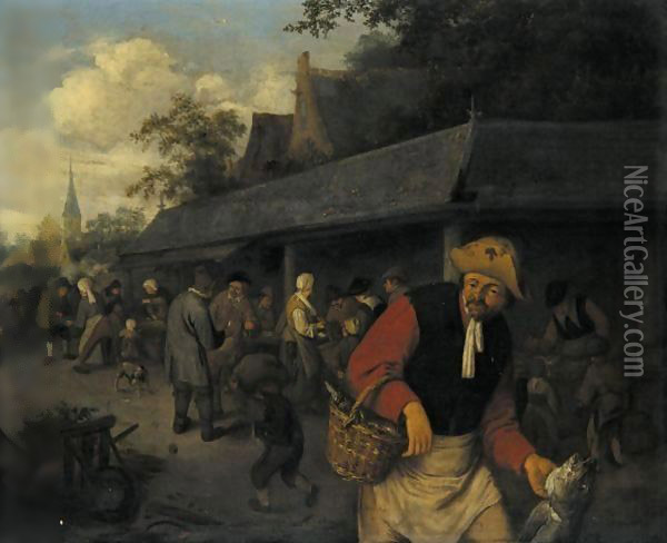 Market Stalls, With A Fisherman In The Foreground Oil Painting - Adriaen Jansz. Van Ostade