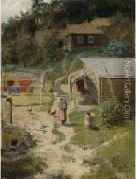 Farmstead With A Woman And Child Oil Painting - Alexander Alexandrovich Kiselev