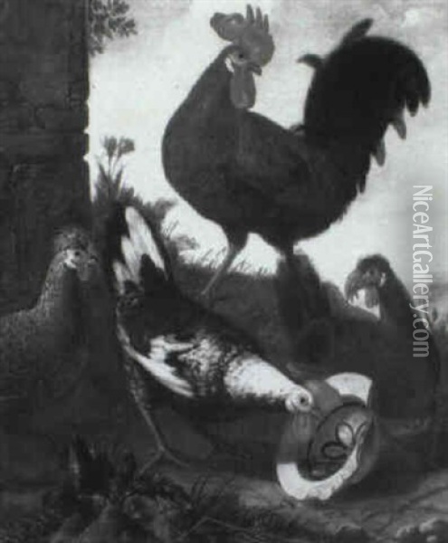 A Cockerel And Three Hens In A Landscape Oil Painting - Philipp Ferdinand de Hamilton