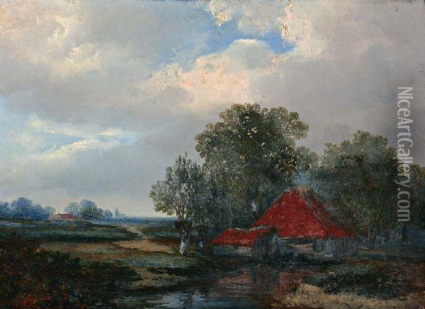 Landschap Met Boerderij Aan Een Sloot Oil Painting - Hermanus Jan Hendrik Rijkelijkhuijsen