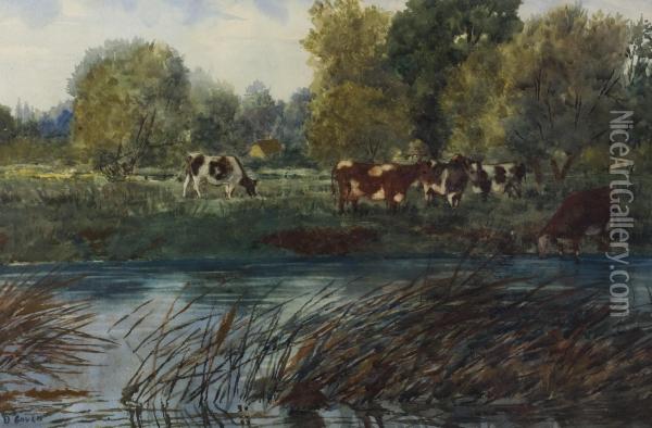 Cattle By The Lagan Oil Painting - David Gould