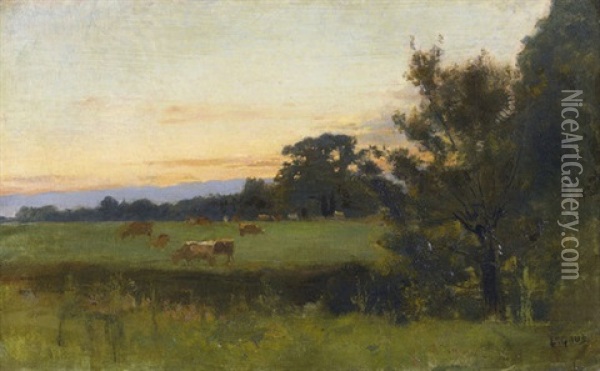 Abendliche Landschaft Mit Weidenden Kuhen Oil Painting - Leon Gaud